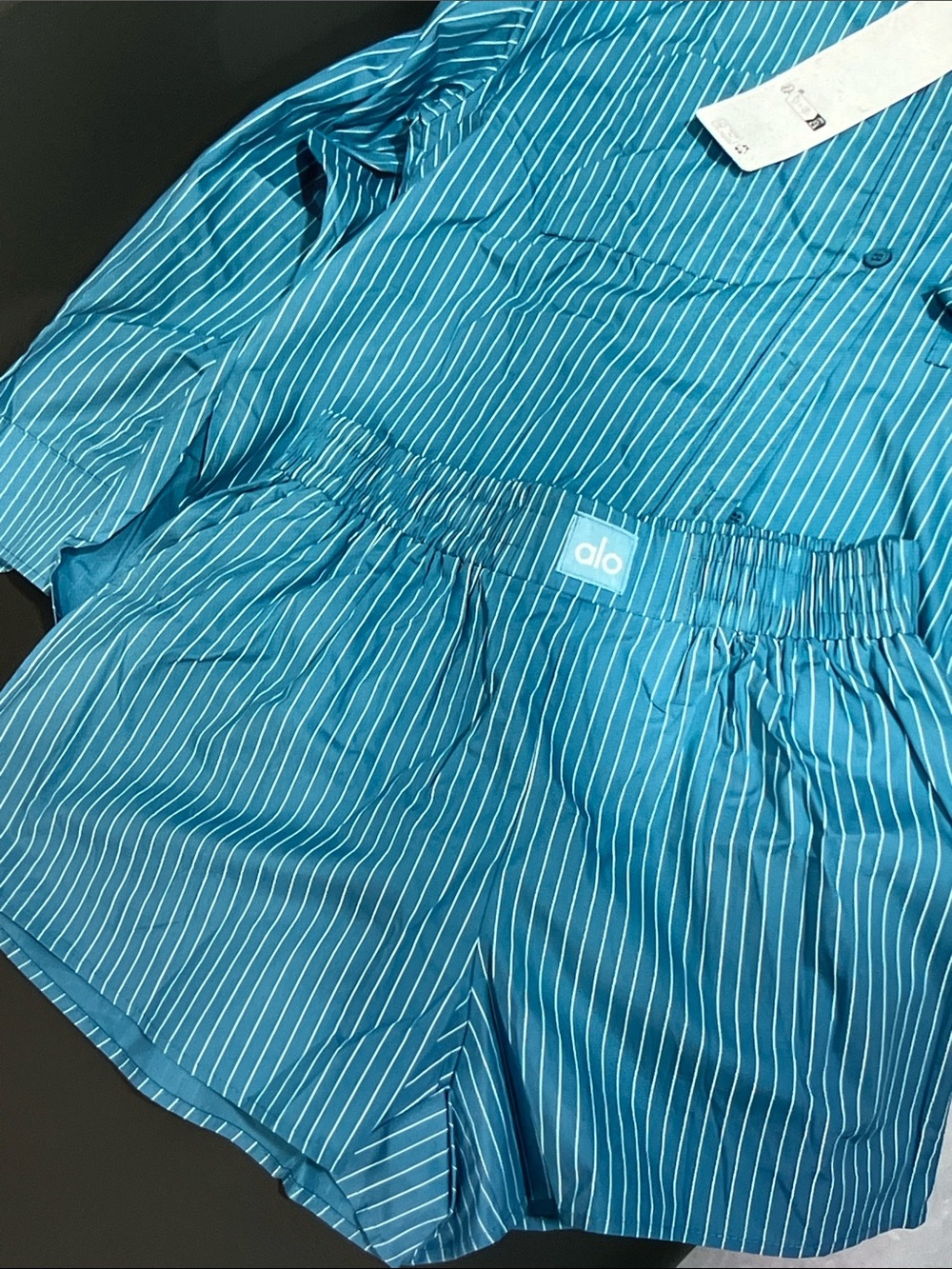 ALO Yoga Teal Blue Pinstripe Button-Down Shirt - Picture 3 of 9